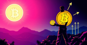 萨尔瓦多总统站在比特币标志前，背景是上涨的市场趋势图，象征对比特币储备的坚定承诺