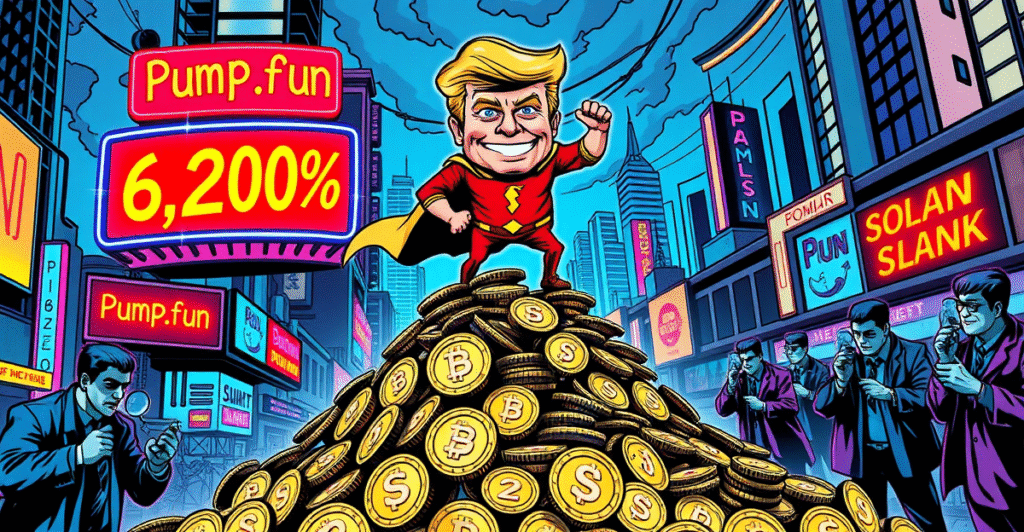复古漫画风格插图展示Eric Trump站在Solana币堆上，背景是霓虹灯闪烁的Pump.fun平台，象征迷因币暴涨6200%的潜在骗局