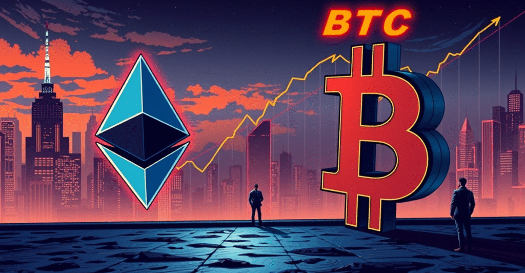 复古漫画风格封面展示以太坊(ETH)与比特币(BTC)符号的激烈对决，背景是未来城市和上涨趋势图，象征2025年价格反弹潜力