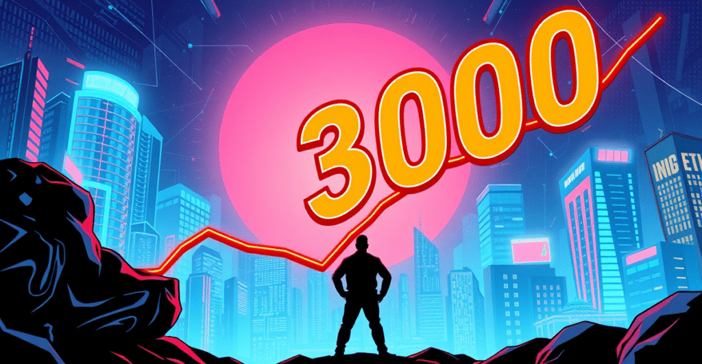 Ether (ETH) 符号突破下降趋势线，背景中闪耀着3000美元标志，象征着看涨势头