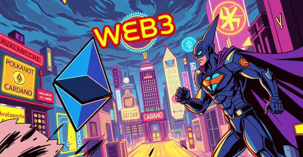 复古漫画风格封面展示以太坊和Solana在Web3城市景观中的竞争，象征以太坊主导地位下降