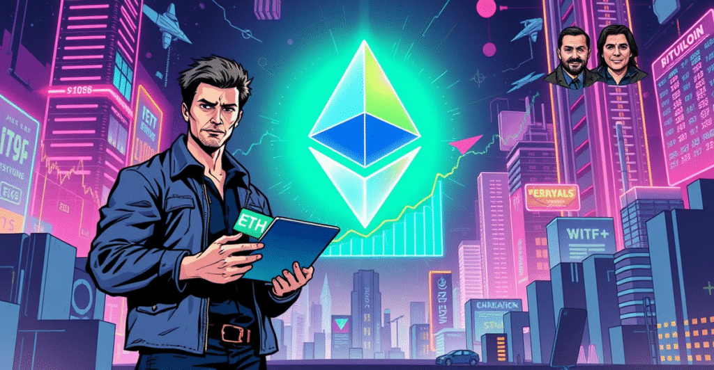 一名交易员站在发光的以太坊标志前,背景是上涨的市场趋势图和区块链网络