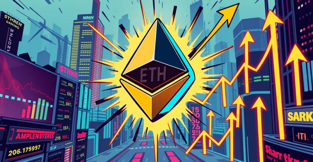 复古漫画风格插图展示体育博彩平台标志转变为以太坊硬币,背景是象征区块链技术的数字城市景观