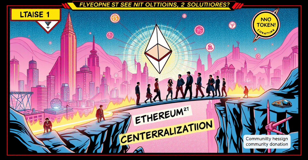 复古漫画风格插画展示以太坊二层扩展解决方案Ethereum R1，强调无代币设计和社区捐赠。