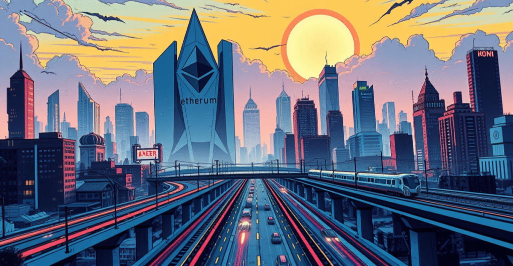 复古漫画风格插图展示以太坊Layer 2解决方案如高速列车减少主网拥堵，背景是以太坊标志和未来城市景观