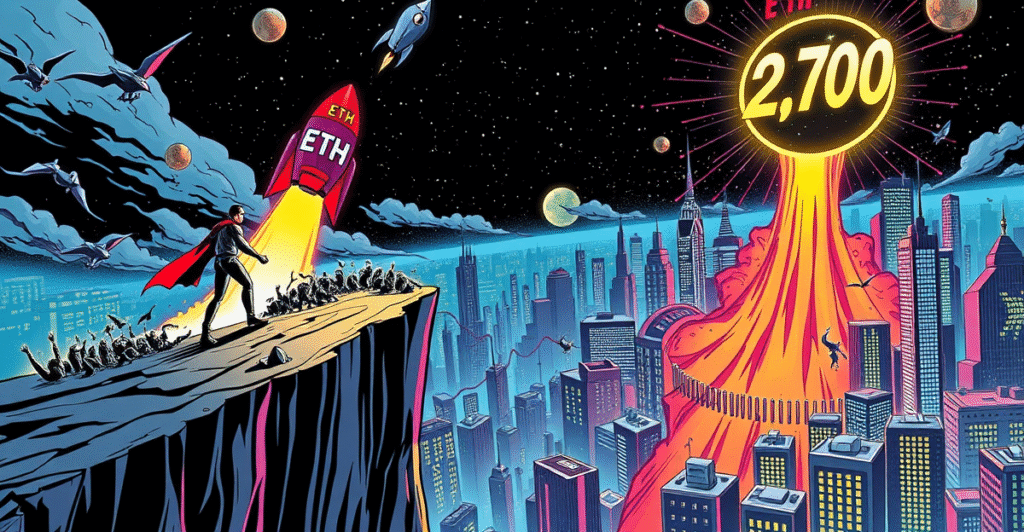 以太坊超级英雄站在2600美元悬崖边，看跌期权交易者跌落，背景是以太坊火箭冲向2700美元目标