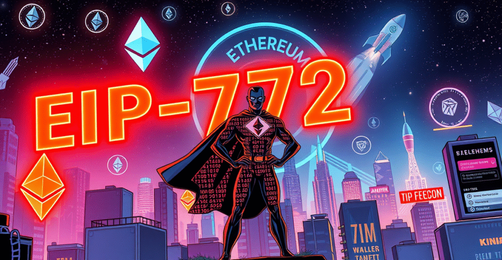 以太坊Pectra升级的复古漫画封面，展示未来城市景观和EIP-7702标志