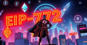 以太坊Pectra升级的复古漫画封面，展示未来城市景观和EIP-7702标志