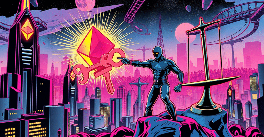 复古漫画风格插图展示以太坊Pectra升级，验证者合并虚拟密钥以提高效率，背景为未来城市和以太坊符号。