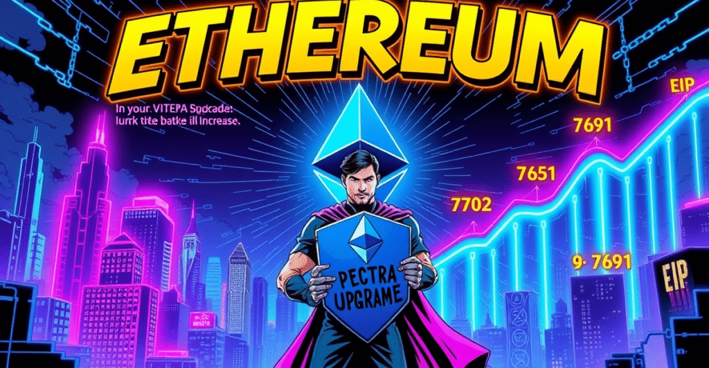 以太坊Pectra升级:展示以太坊标志、未来城市景观和区块链技术,象征智能合约和质押的未来