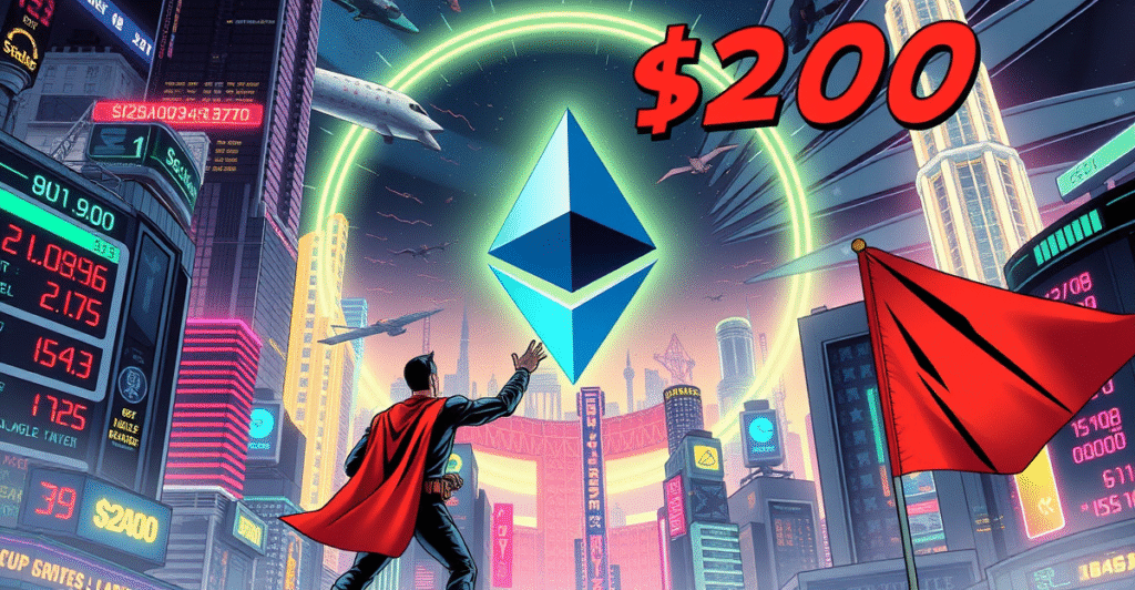 复古漫画风格封面展示交易员与以太坊符号,背景是价格波动图和未来城市景观