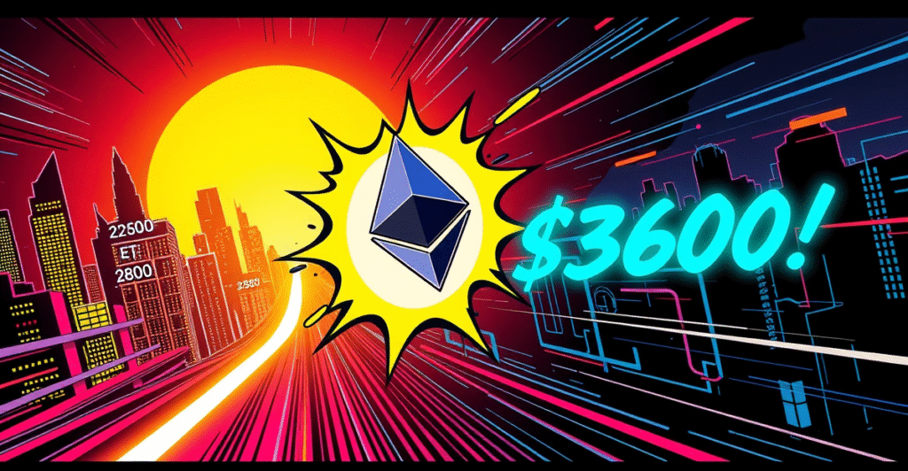 以太坊英雄形象突破看涨旗形模式，背景是象征3600美元目标的未来城市景观
