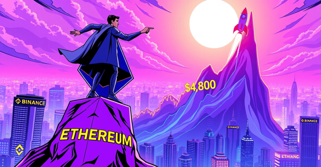 一名交易员站在巨大的以太坊符号上，指向飙升的价格图表，背景是未来城市景观和Binance标志