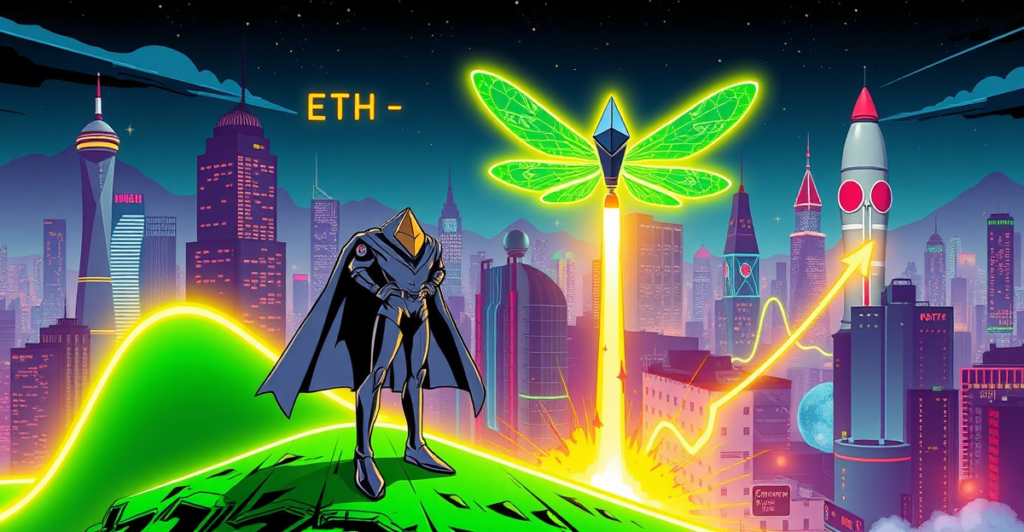 以太坊超级英雄站在绿色抛物线趋势线上，背景是霓虹城市和蜻蜓十字星蜡烛，象征价格即将上涨