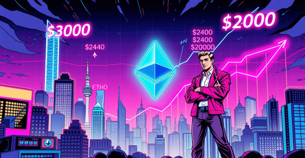 复古漫画风格封面展示以太坊符号和上涨趋势图，象征价格可能突破3000美元