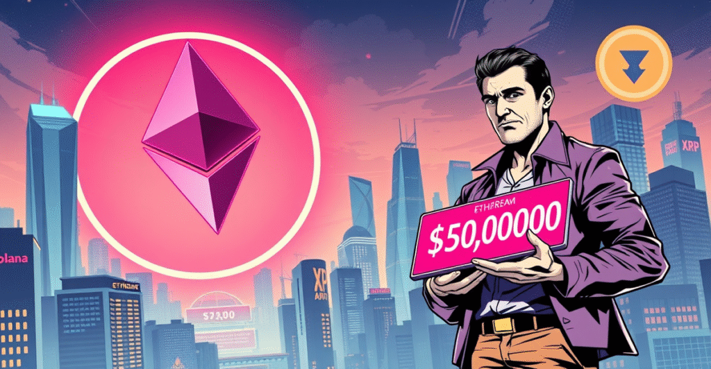 复古漫画风格插画展示以太坊价格飙升,交易员站在霓虹ETH标志前,背景是上涨趋势图