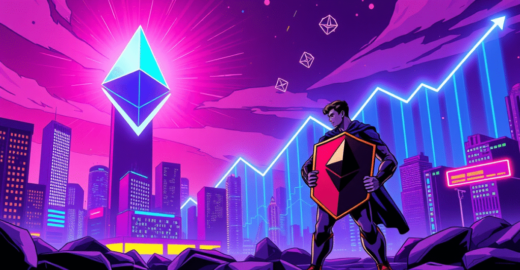 复古漫画风格封面展示以太坊符号在霓虹灯下闪耀,背景是未来城市和上涨趋势图,象征以太坊价格上涨。