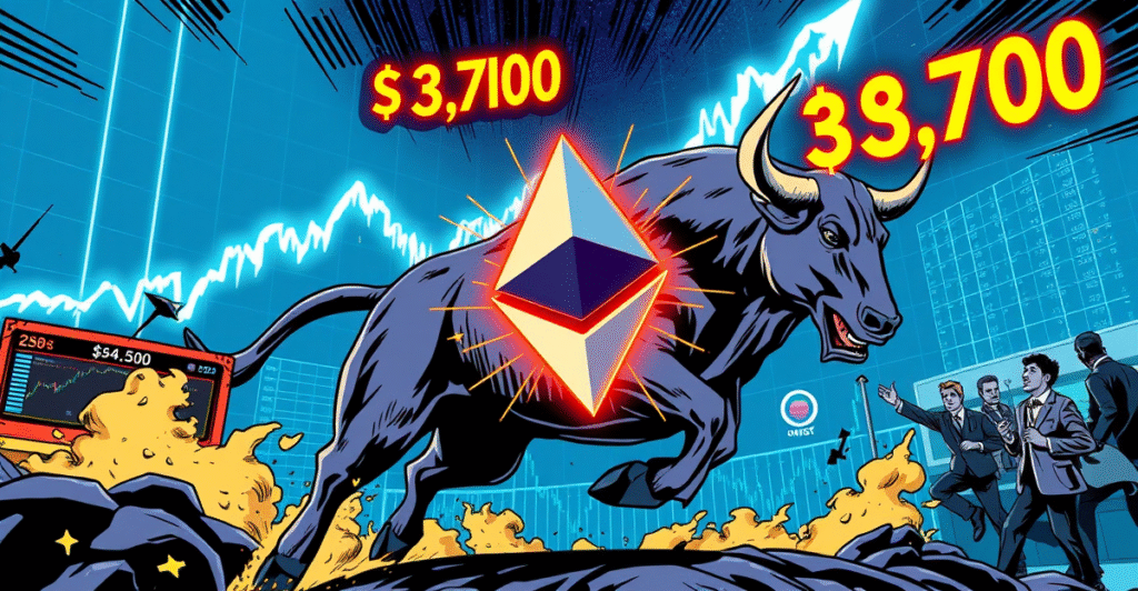 复古漫画风格封面展示一头公牛冲破以太坊符号，背景是上涨至3,700美元的价格图表