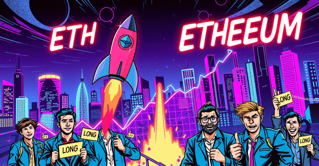 复古漫画风格插图展示以太坊价格飙升，火箭象征ETH价格快速上涨，背景为未来城市和上升趋势图