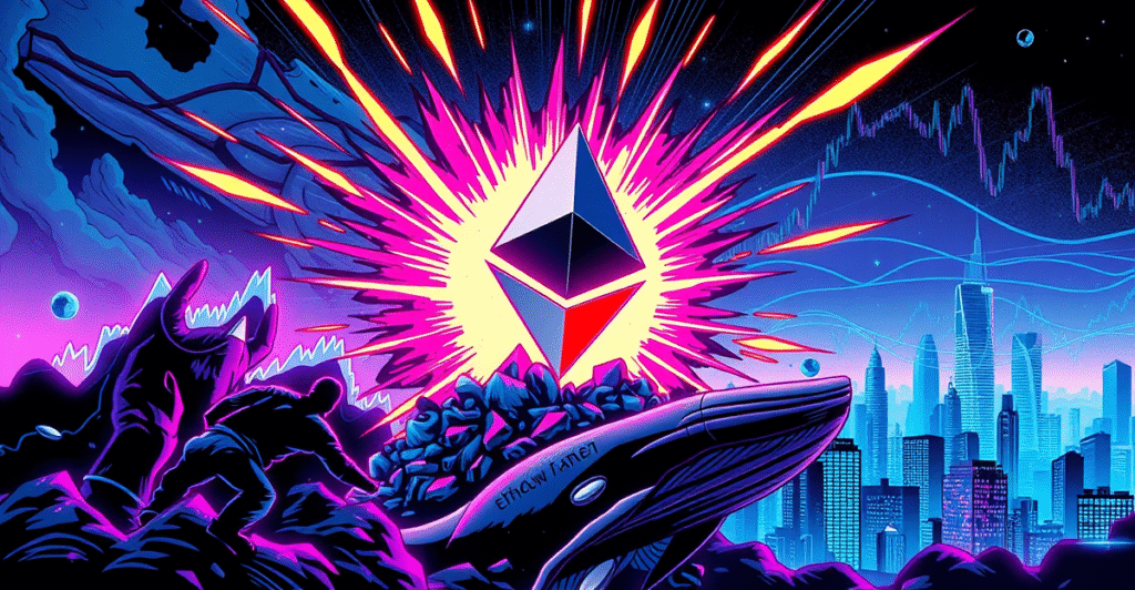 复古漫画风格封面展示以太坊符号突破熊市图表，背景是爆炸的霓虹图表和未来城市景观