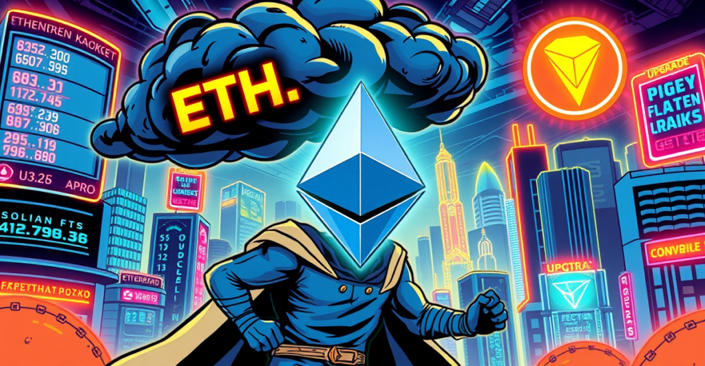 以太坊超级英雄在熊市中挣扎，背景是波动的价格图表和竞争对手的象征