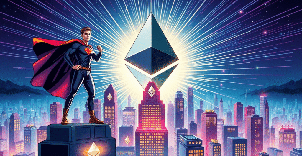 Vitalik Buterin站在象征以太坊扩展的未来城市景观上,背景是发光的以太坊标志