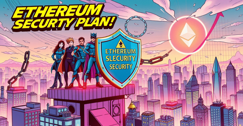 以太坊安全计划英雄团队站在区块链未来城市上,背景是DeFi增长图和发光以太坊标志