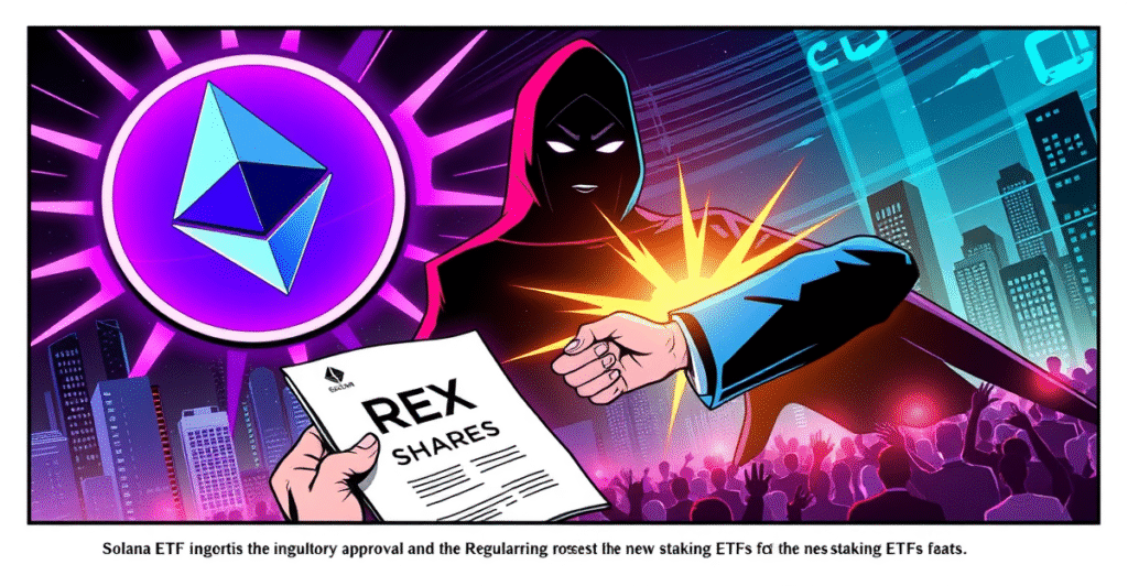 复古漫画风格封面展示以太坊和Solana标志作为超级英雄徽章，背景是象征金融市场的未来城市景观。