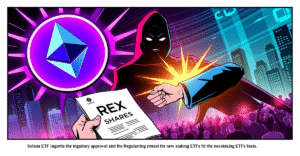 复古漫画风格封面展示以太坊和Solana标志作为超级英雄徽章，背景是象征金融市场的未来城市景观。