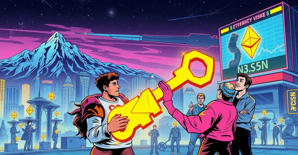 复古漫画风格封面展示以太坊质押的未来,分布式验证器技术(DVT)和去中心化运营商合作。