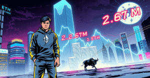 一位懊悔的以太坊交易者站在波动的ETH价格图表前，象征着错失267万美元的教训