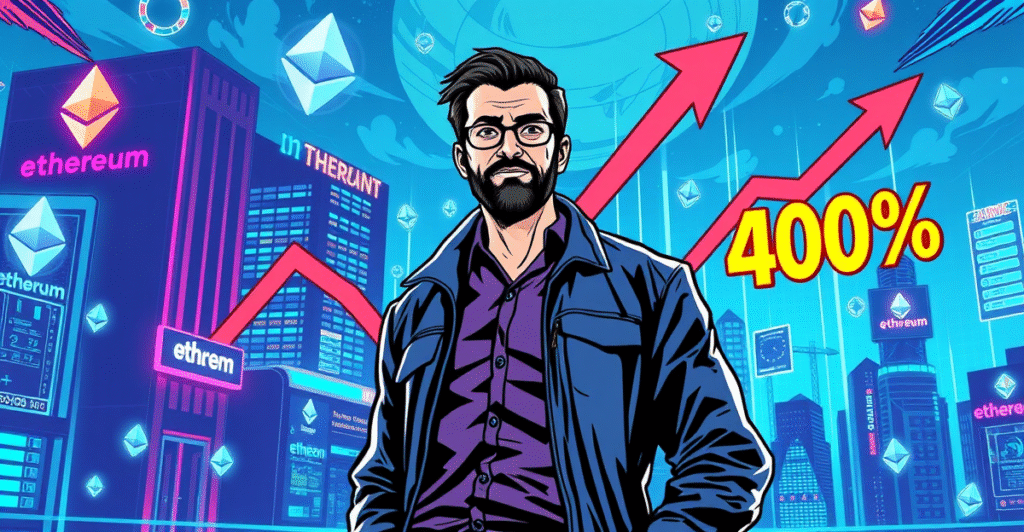 约瑟夫·卢宾站在未来城市前，象征以太坊资金库策略的成功启动和股价飙升