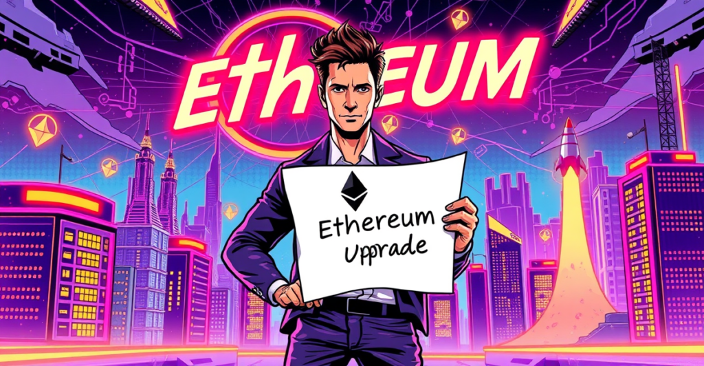 复古漫画风格封面展示Vitalik Buterin站在未来城市前，手持以太坊升级蓝图，背景是区块链技术和霓虹色调的以太坊标志