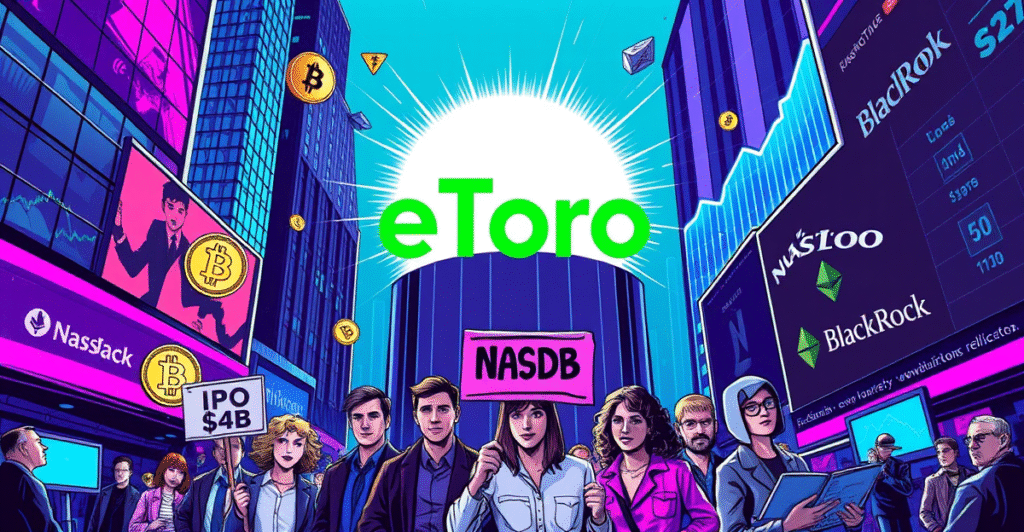 eToro IPO 复古漫画封面，展示eToro标志、加密货币符号和向上的趋势图