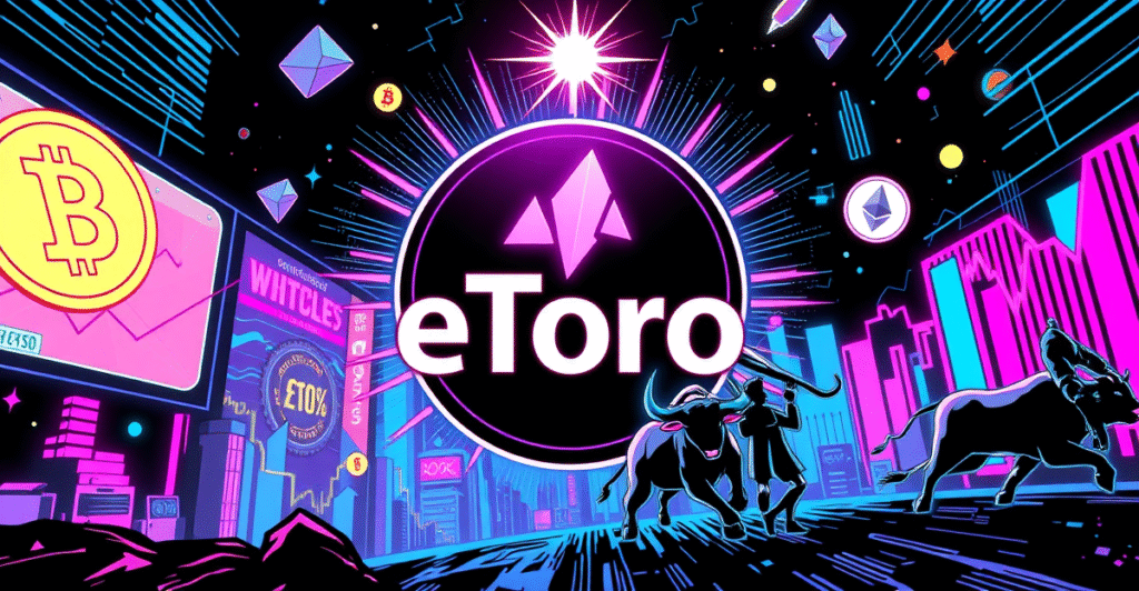 eToro IPO 复古漫画封面,展示eToro标志在繁忙的数字股票市场背景中,象征市场增长。