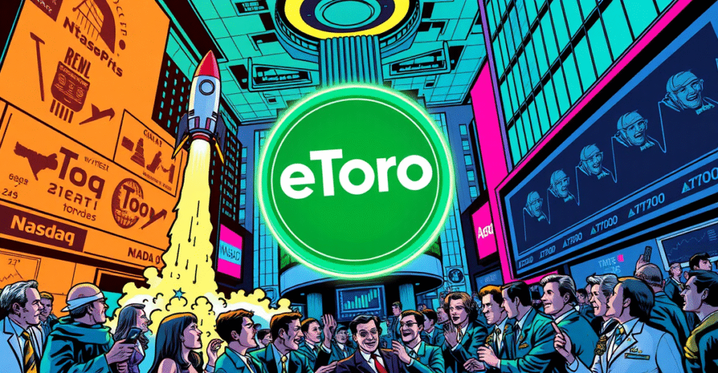 eToro IPO首秀在纳斯达克取得巨大成功,股价飙升30%的复古漫画风格插图