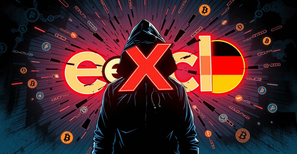 复古漫画风格插图展示eXch平台被德国警方关闭的场景,背景是破碎的加密货币符号