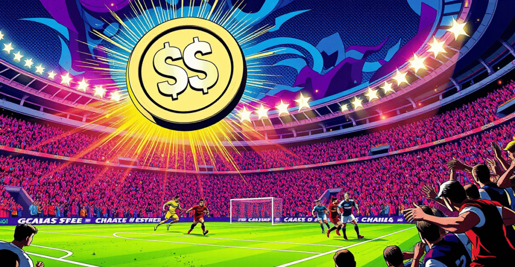 复古漫画风格封面展示足球比赛中粉丝代币价格随比赛结果波动的场景