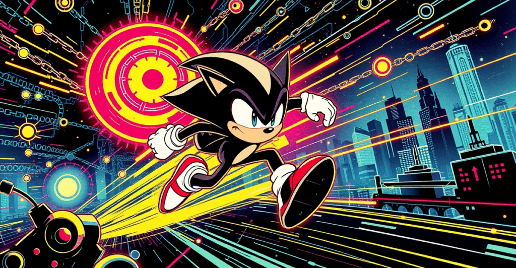 Fantom Sonic区块链作为未来主义角色在数字景观中疾驰，象征其快速最终性和低交易成本