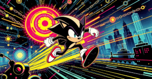 Fantom Sonic区块链作为未来主义角色在数字景观中疾驰，象征其快速最终性和低交易成本