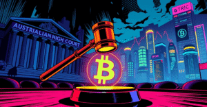 澳大利亚高等法院场景，法官的法槌悬停在发光的加密货币符号上，象征金融产品定义的法律澄清