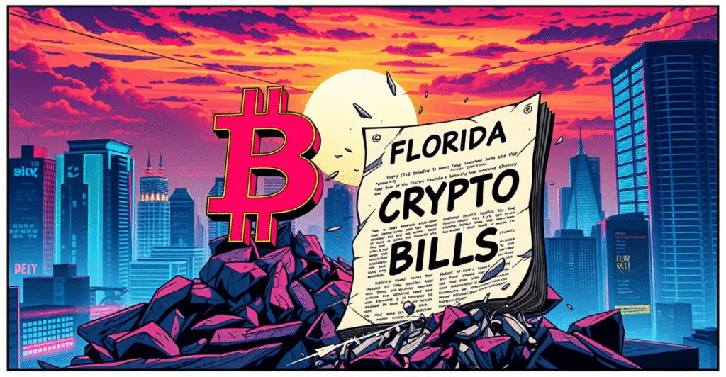 复古漫画风格插图展示比特币符号与标有'佛罗里达加密法案'的破碎立法文件之间的象征性对抗
