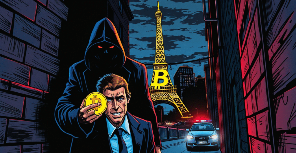复古漫画风格插图展示了一名阴影中的人物在暗巷中持有一个发光的加密货币符号,前景是一位惊恐的企业家,背景是夜晚的埃菲尔铁塔和远处闪烁的警灯。
