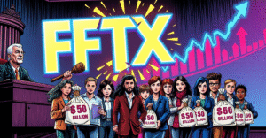 复古漫画风格插图展示FTX债权人赔付场景，法官和债权人围绕破碎的FTX标志