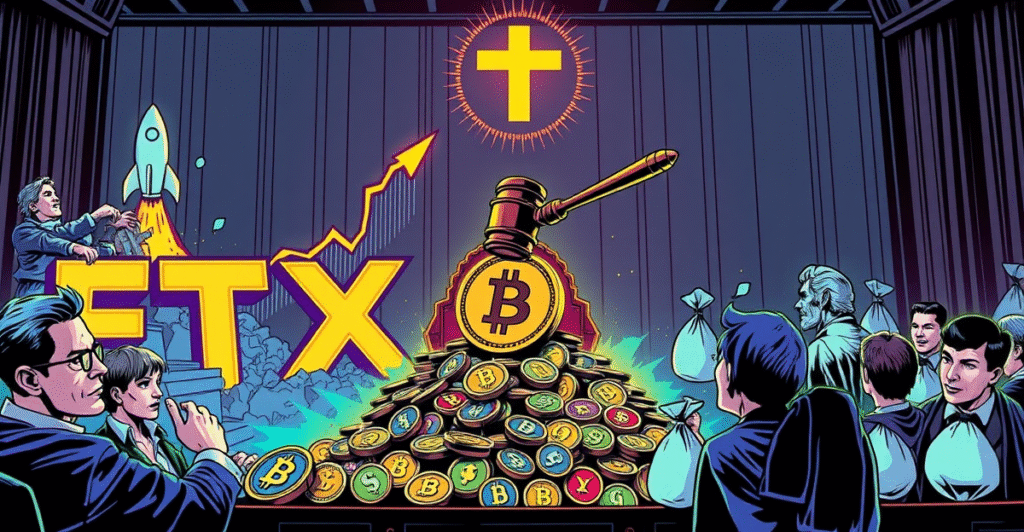 复古漫画风格插图展示FTX债权人偿还计划，背景是比特币价格上涨图表