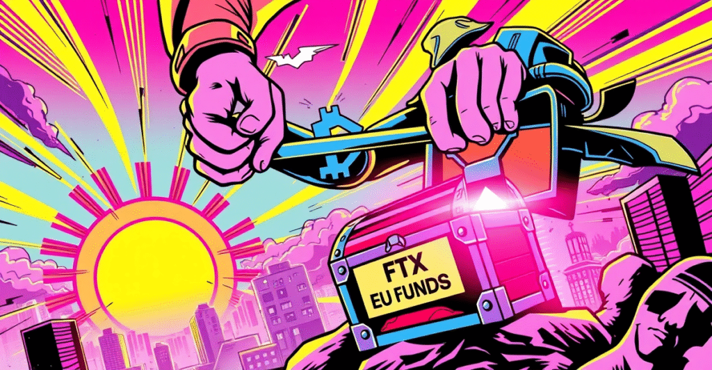 英雄人物使用Backpack钥匙解锁标记为FTX EU资金的宝箱，象征资金回收的希望与过程