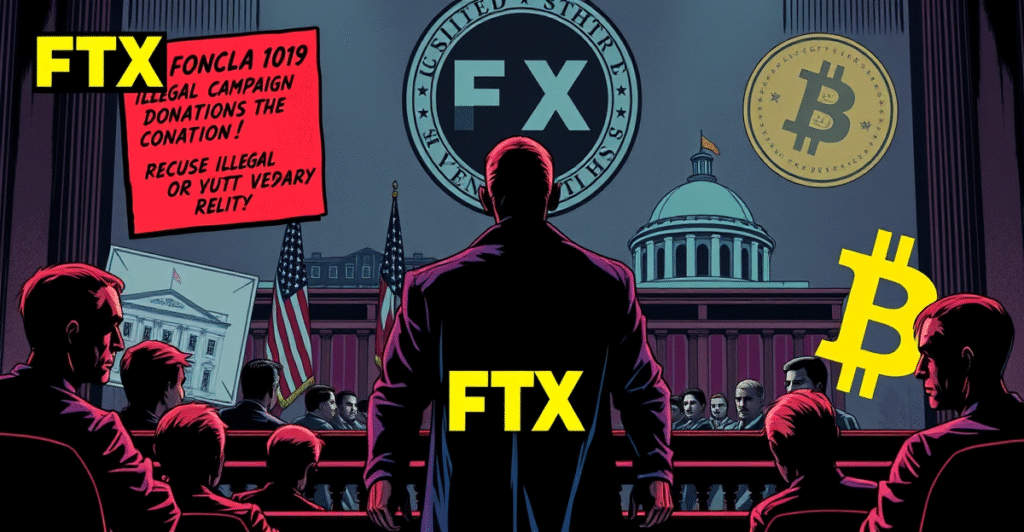 复古漫画风格插图展示FTX高管Ryan Salame在法庭上面对认罪协议的争议场景