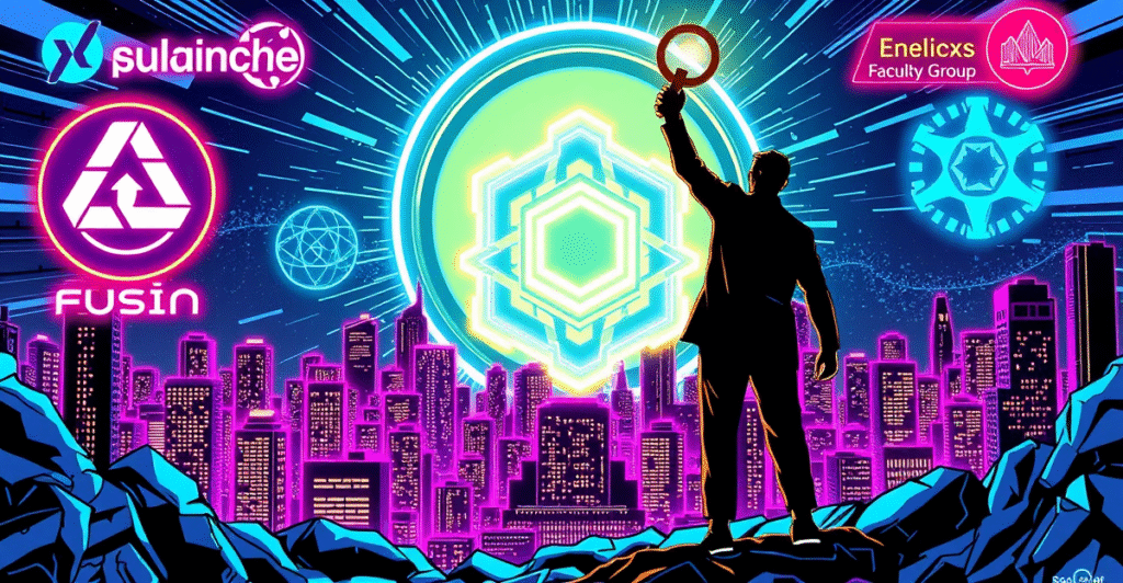 Fusion区块链生态系统的复古漫画封面，展示模块化网络和合作企业标志