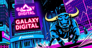 复古漫画风格封面展示Galaxy Digital在纳斯达克上市的里程碑，背景为未来城市和加密货币图表