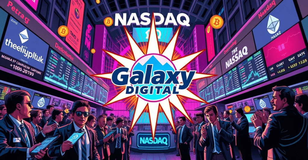 复古漫画风格封面展示Galaxy Digital股票在纳斯达克首日交易的热闹场景